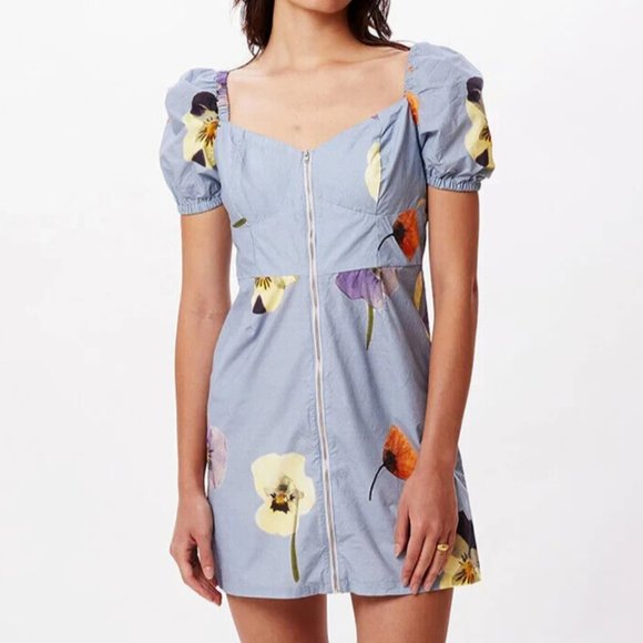 Obey Mini Dress "Redux" Denim Blue/Floral - Picture 1 of 6